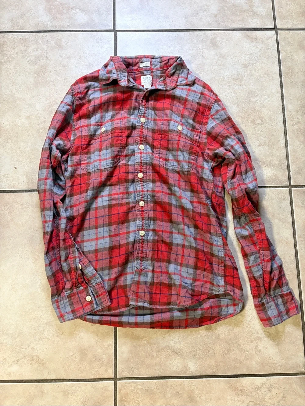 J. Crew Red and Gray Plaid Casual Button-Down Shirt